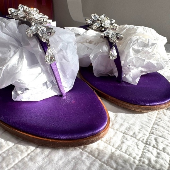 Jimmy Choo Violet Satin Sandals with Rhinestone Encrusted Flowers - Picture 4 of 4